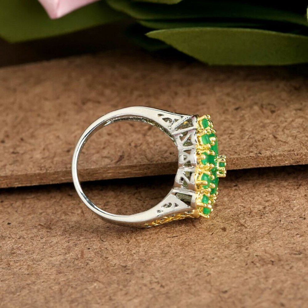 Luxury Two Tone 925 Silver Emerald Ring - Picture 3 of 4